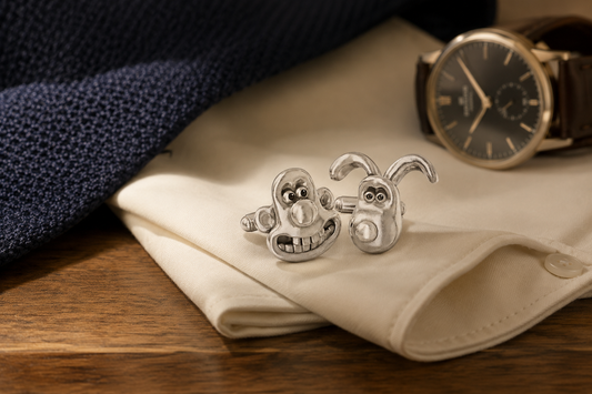 Wallace and Gromit silver cufflinks styled as a playful premium gift for him