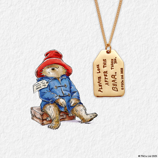 Paddington Bear gold pendant necklace engraved with “Please Look After This Bear” inspired by the classic Paddington books