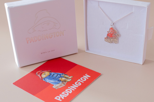 Paddington jewellery gift set in branded box with necklace displayed and Paddington illustration card