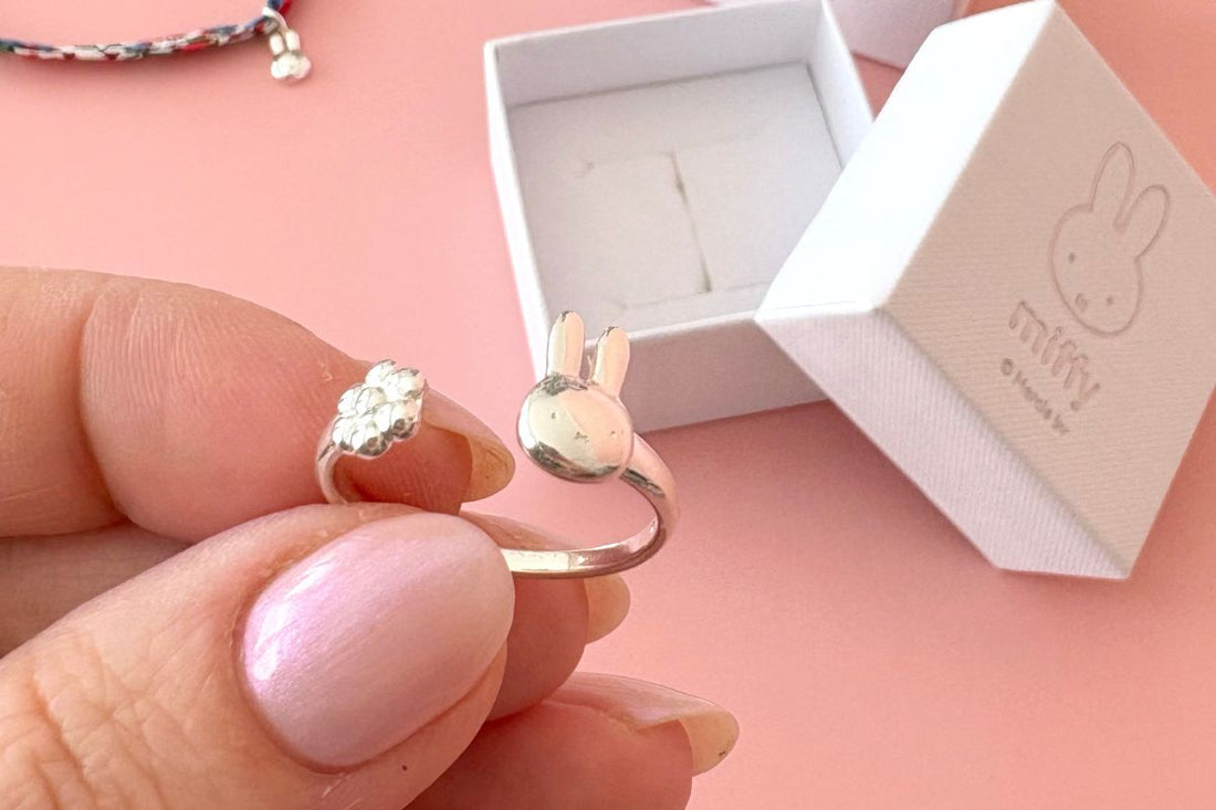 Licensed To Charm Sterling silver and 18ct gold vermeil Miffy Signet Adjustable Rings by Licensed To Charm, shown worn on hand and displayed in jewellery gift box