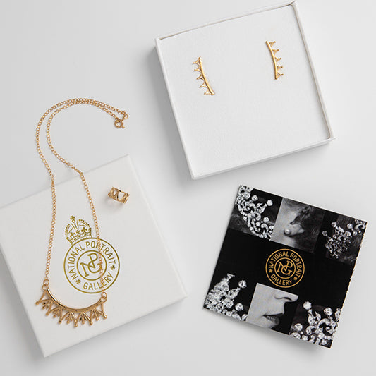 18ct Gold Vermeil Jubilee Crown Jewellery Gift Set featuring a necklace, ear climbers, and a single ear cuff, inspired by Queen Elizabeth II’s tiara.