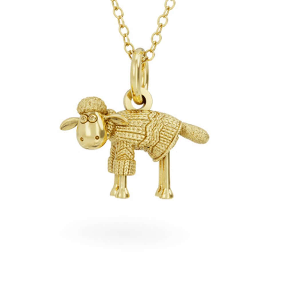 Shaun the Sheep in a woolly jumper necklace, crafted in 18ct gold vermeil on recycled sterling silver, hanging from an 18-inch gold chain.