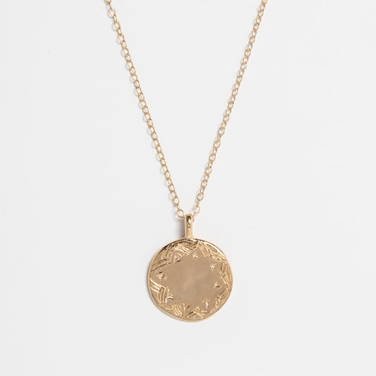 Frida Kahlo Folk Art Disc Necklace in 18ct Gold Vermeil, featuring a carved folk art motif. Handcrafted from recycled sterling silver