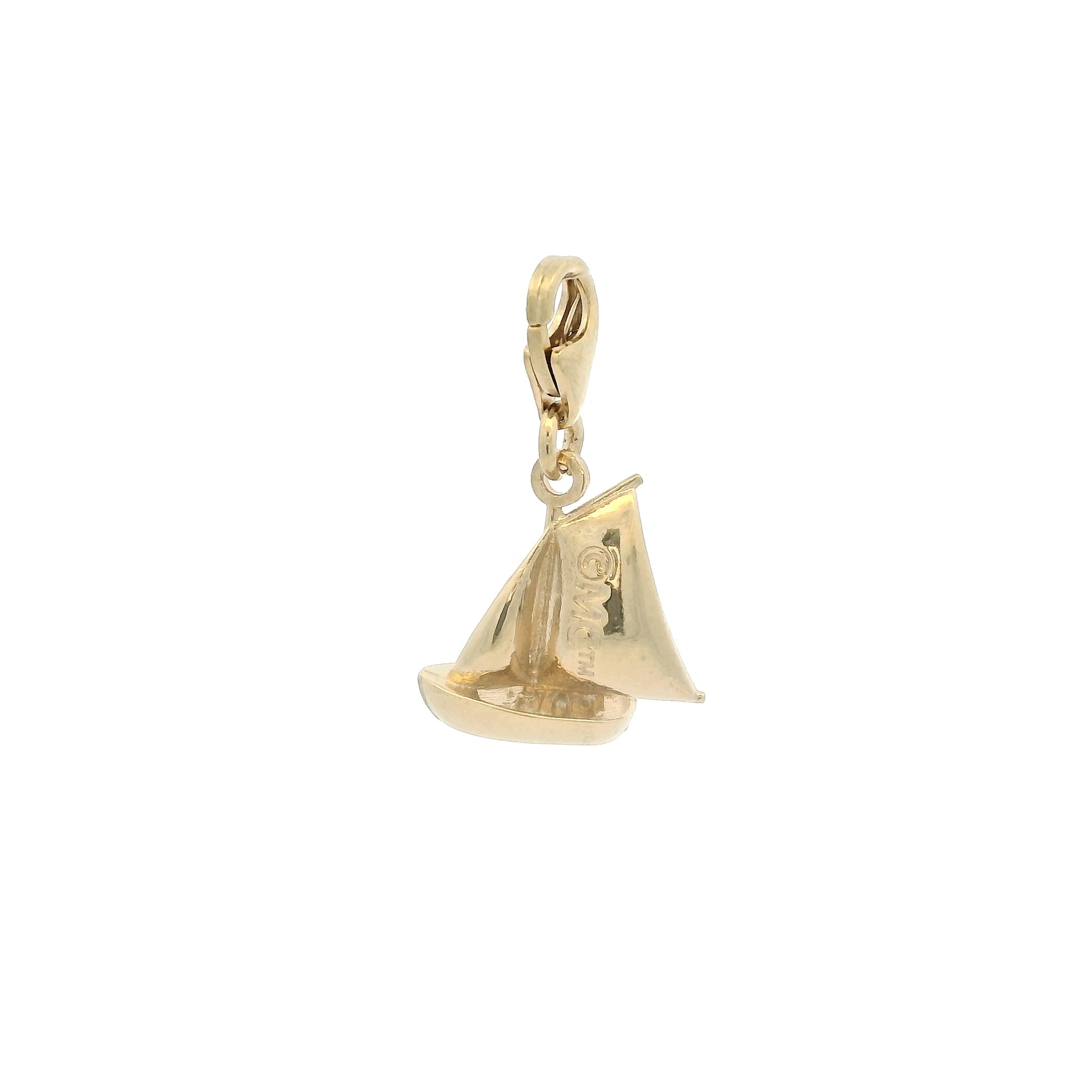 Gold Moomin Sailing Boat charm on white background showing clip clasp