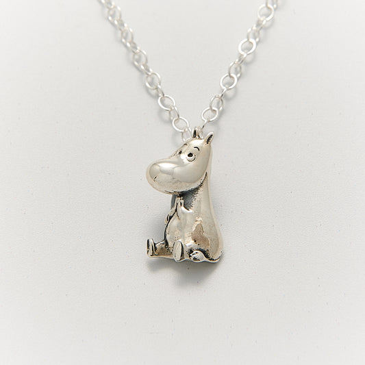 Fun sterling silver necklace featuring Moomin's Moomintroll, handcrafted in the UK from recycled materials, perfect for adding a playful touch to your style.