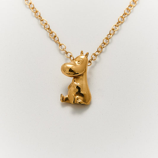 18ct Gold Vermeil Moomin Moomintroll necklace, handcrafted in the UK, featuring a cheerful Moomintroll pendant on a 45 cm chain, made from recycled sterling silver, embodying Tove Jansson's whimsical character design.