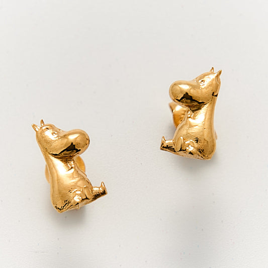 Fun unique gold vermeil stud earrings featuring Moomin's Snorkmaiden and Moomintroll, handcrafted in the UK from recycled materials, perfect for adding a playful touch to your style