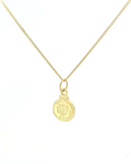 Licensed To Charm Paddington Bauble Pawprint Necklace in 18ct Gold Vermeil on white background, sentimental Christmas jewellery gift.