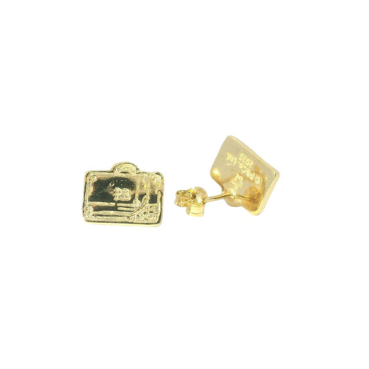 Close view of Paddington luggage gift bow gold stud earrings showing engraved detailing