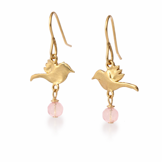 Licensed To Charm Frida Kahlo bird rose quartz drop earrings in 18ct gold vermeil angled, handmade in the UK