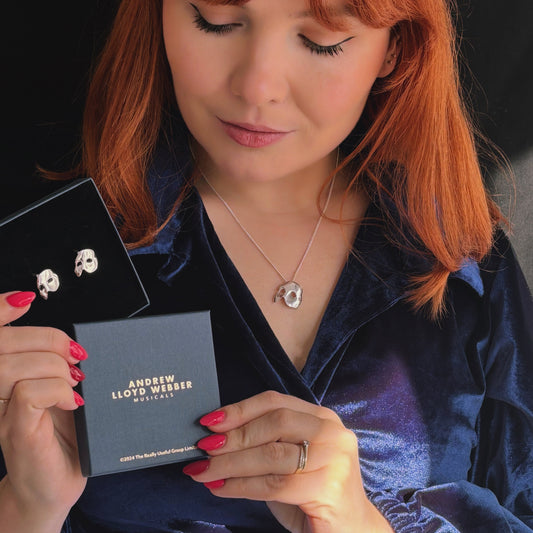 Licensed To Charm Handmade sterling silver cufflinks inspired by Phantom of the Opera mask, polished and oxidised finish presented in Andrew Lloyd Webber Musicals Jewellery Box