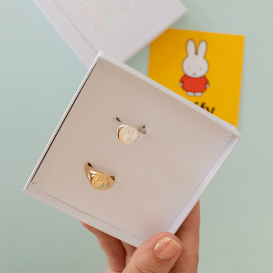 Licensed To Charm Gold Miffy signet ring – adjustable sterling silver ring plated in 18ct gold vermeil, handmade jewellery gift for fans and collectors