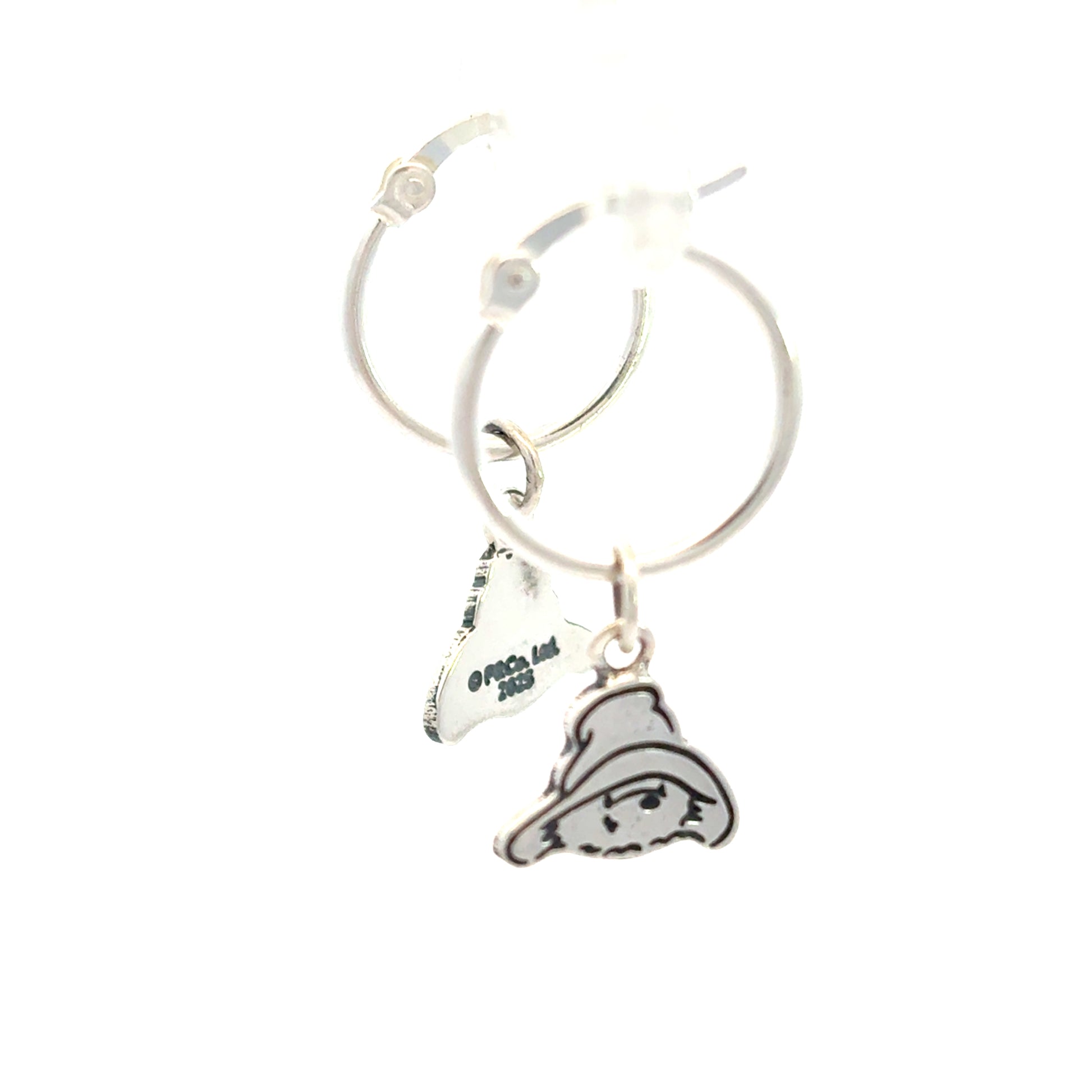 Licensed To Charm Sterling silver Paddington Bear hoop earrings with dangling head charms, handmade in the UK
