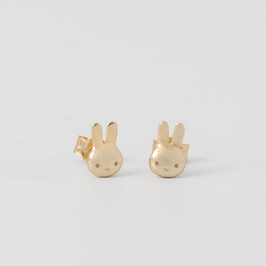 Miffy Mini Head stud earrings in 18ct gold vermeil, worn on ear, handmade in the UK