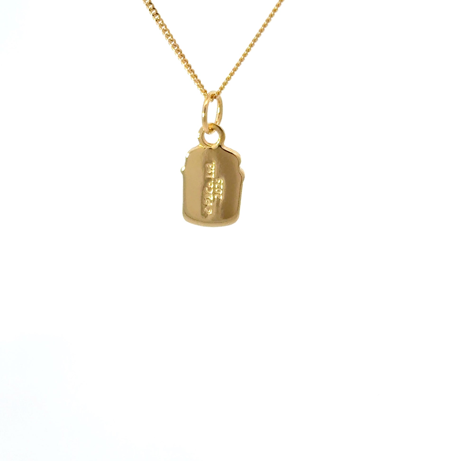 Close-up of Paddington™ Marmalade Jar Pendant in gold vermeil showing engraved “marmalade” lettering, officially licensed handmade jewellery gift.