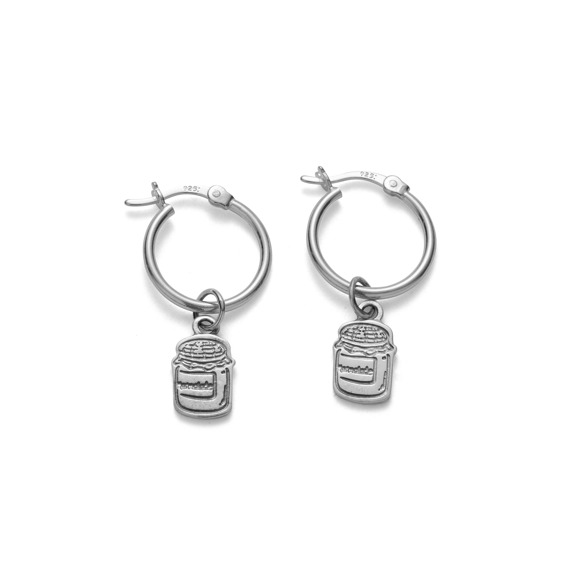 Paddington™ Marmalade Jar Hoop Earrings in sterling silver, handmade UK jewellery with engraved marmalade jar charms hanging from polished hoops