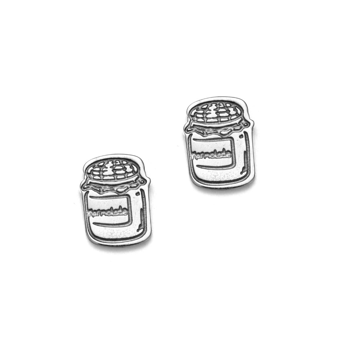 Paddington™ Marmalade Jar Stud Earrings in sterling silver, handmade UK jewellery with engraved marmalade jar design.