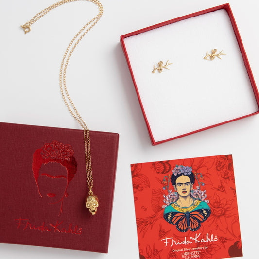 Frida Kahlo’s Eternal Spirit Jewellery Gift Set in Sterling Silver or 18ct Gold Vermeil, featuring a skull necklace & thorn earrings, inspired by Día de los Muertos.