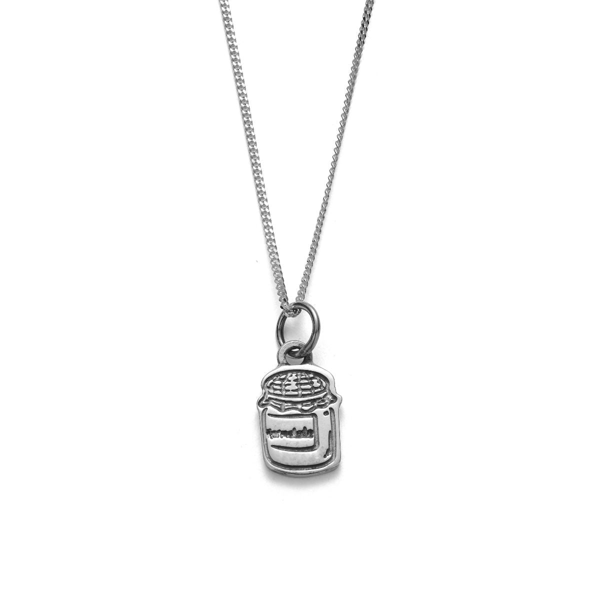 Paddington™ Marmalade Jar Necklace in sterling silver, handmade UK jewellery with engraved marmalade jar pendant on chain.