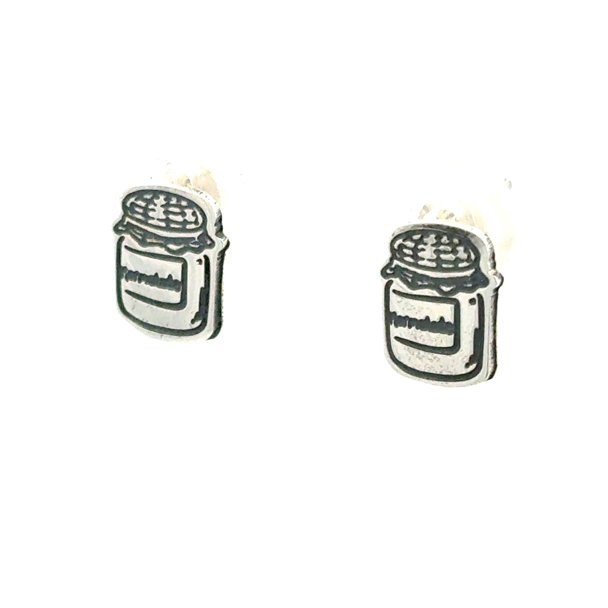 Sterling silver Paddington Bear marmalade jar stud earrings – front view on white background