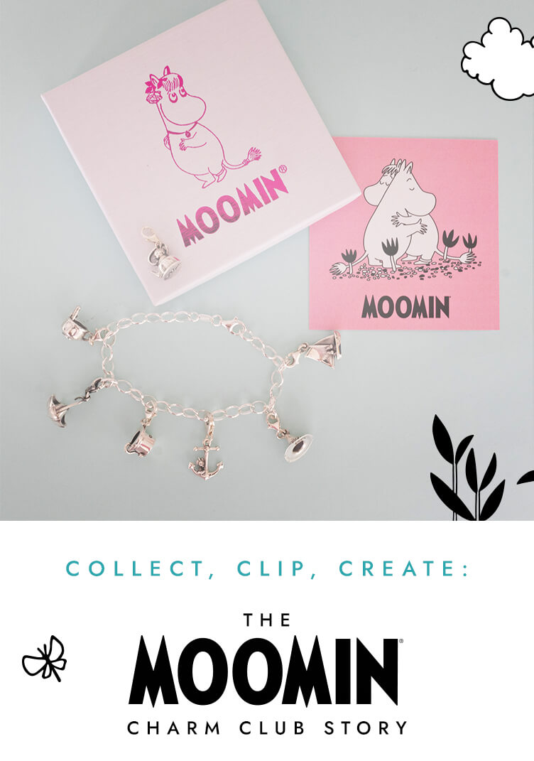 Sterling silver Moomin charm bracelet displayed with Moomin character charms in elegant gift packaging