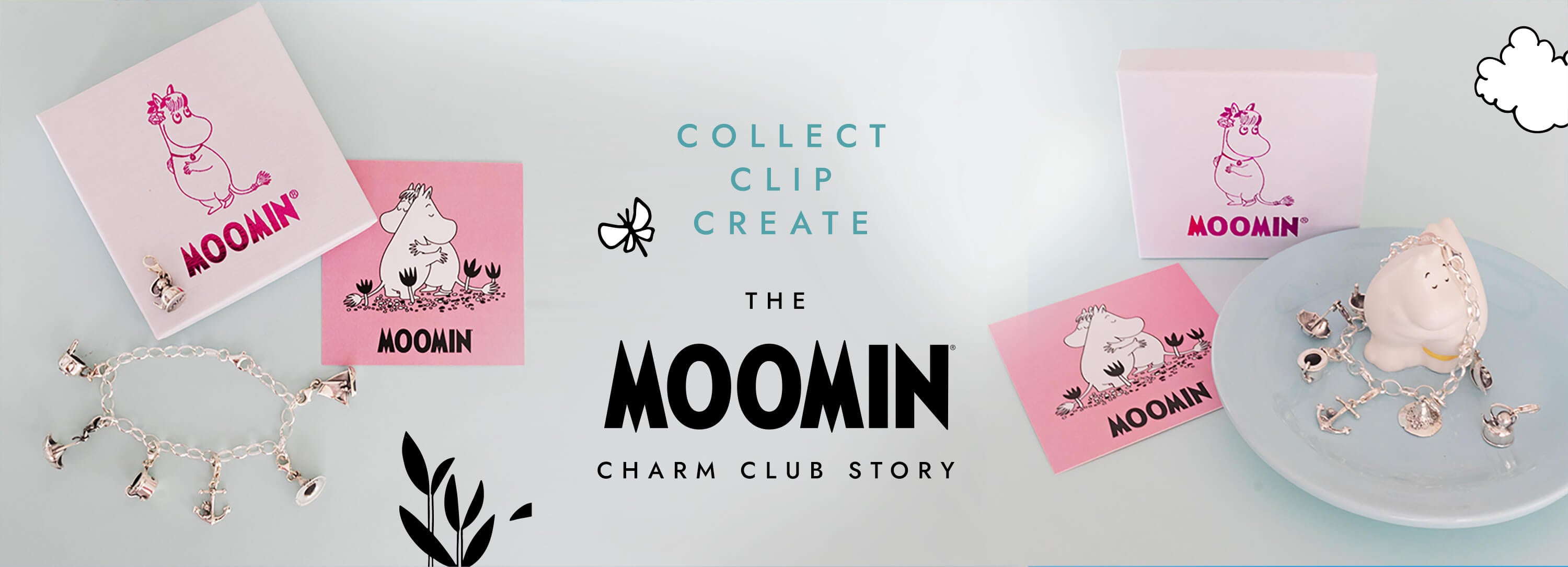 Sterling silver Moomin charm bracelet displayed with Moomin character charms in elegant gift packaging