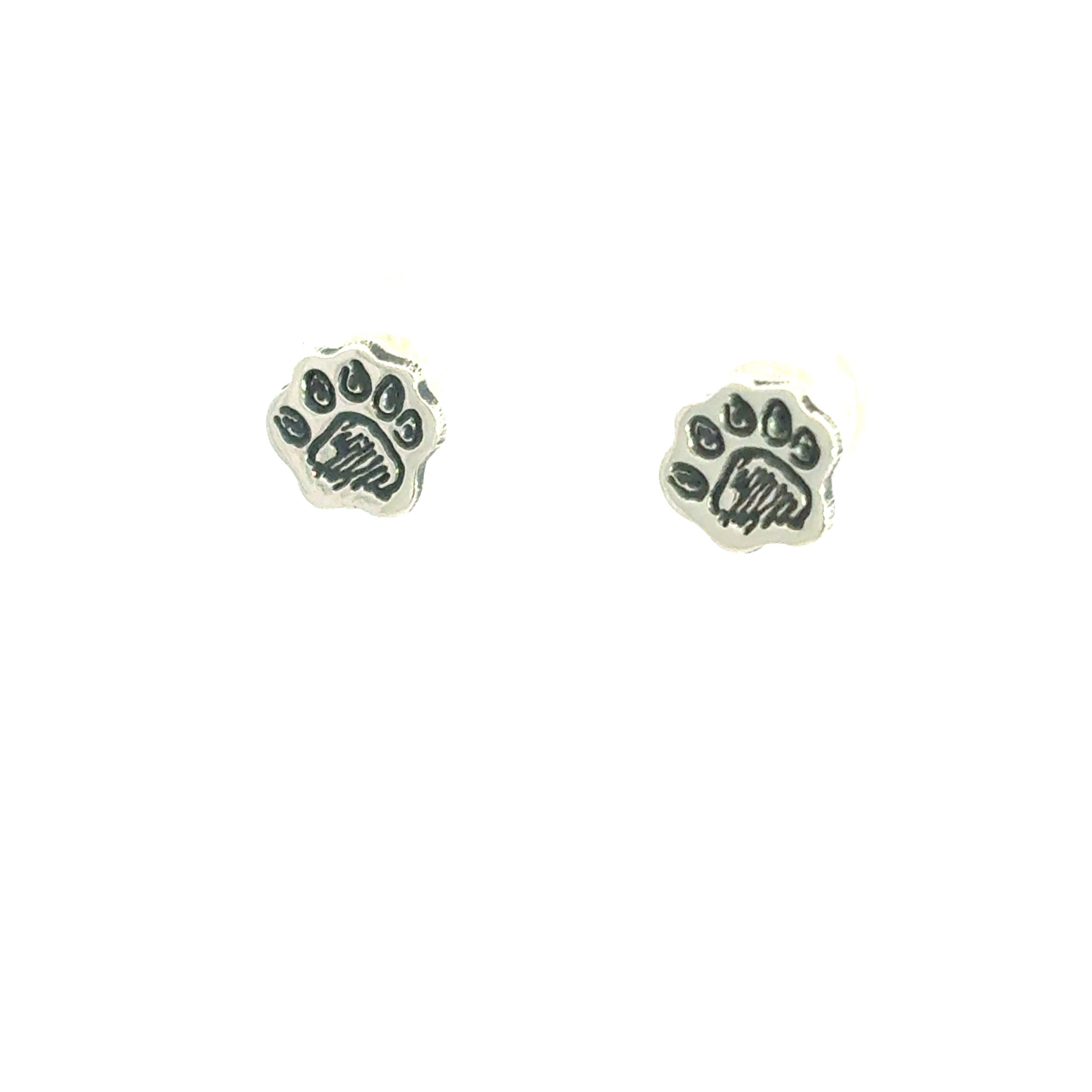 Sterling silver Paddington Bear paw print stud earrings – front view on white background