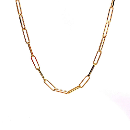 Front-facing view of the Paperclip Necklace in 18ct gold vermeil, showcasing its sleek rectangular link design.