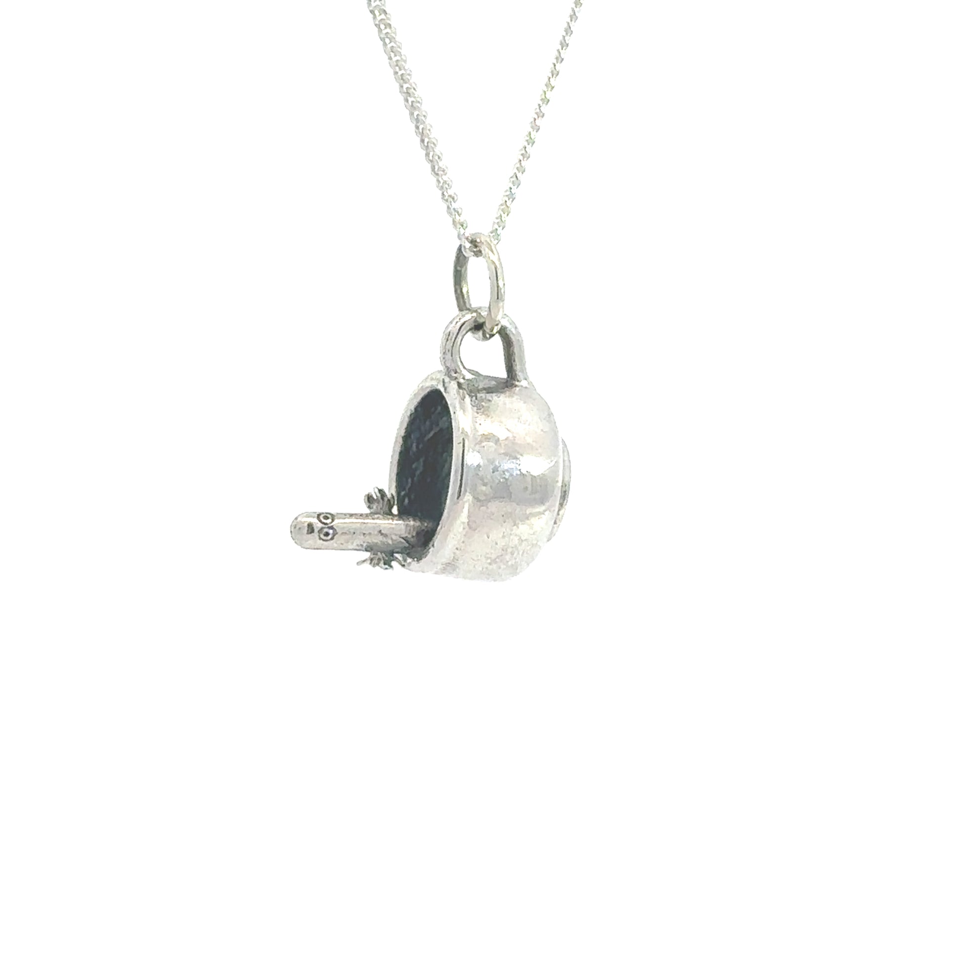 Sterling silver Moomin Hattifatteners In a Cup Necklace on a 45 cm trace chain, featuring a Hattifattener peeking out from a cup.
