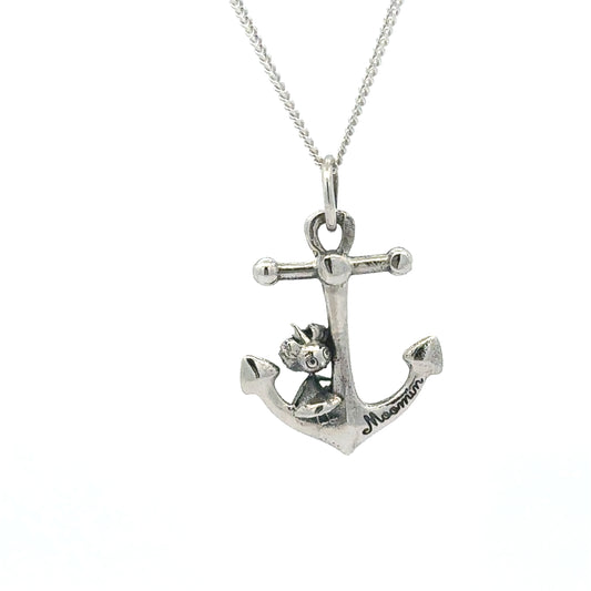 Sterling silver Moomin Anchor Bob Necklace on a 45 cm trace chain, featuring Bob seated on an anchor with intricate detail."