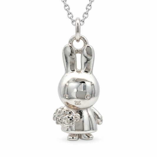 A polished silver Miffy pendant necklace featuring a Miffy rabbit character holding a bouquet of flowers, suspended from a silver chain against a plain white background.