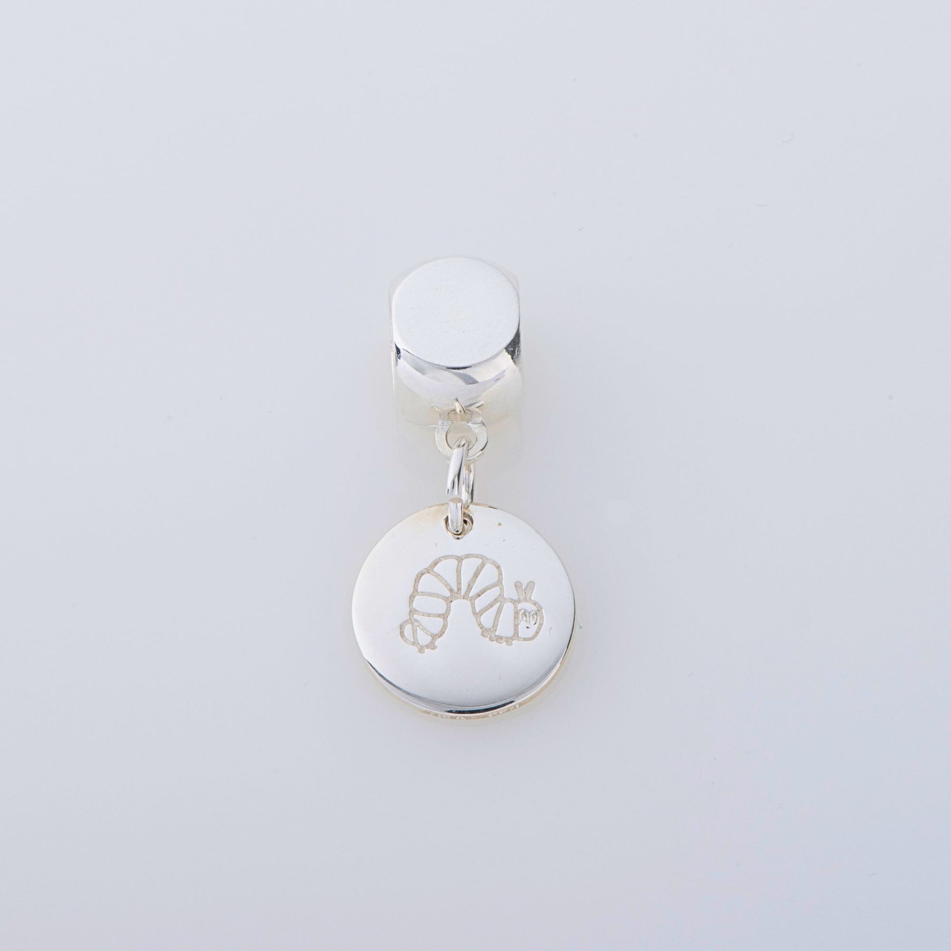 Sterling silver Very Hungry Caterpillar Disc Dangle Charm, handmade literary-inspired charm, perfect for bracelets & necklaces.