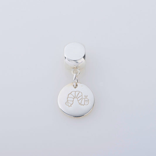Sterling silver Very Hungry Caterpillar Disc Dangle Charm, handmade literary-inspired charm, perfect for bracelets & necklaces.