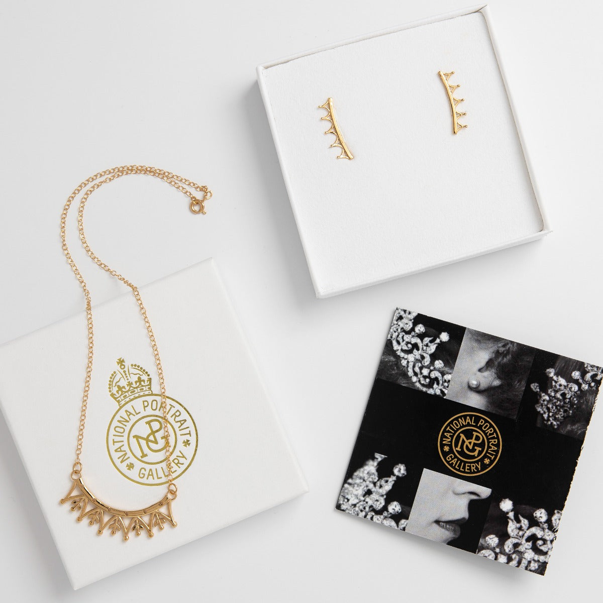 18ct Gold Vermeil Crown Jewellery Gift Set featuring a delicate crown necklace and matching ear climbers, inspired by Queen Elizabeth II’s favourite tiara.