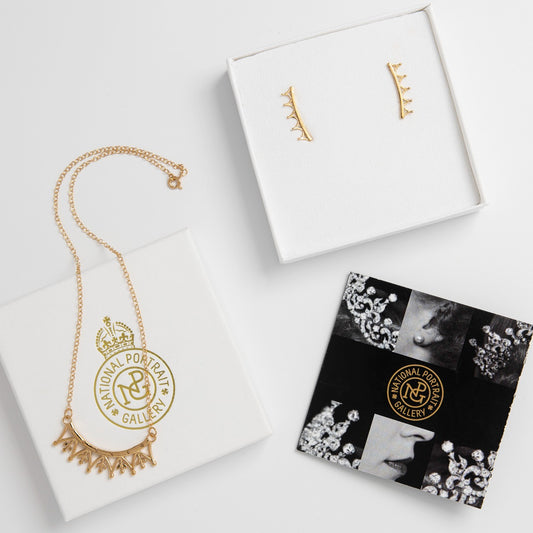 18ct Gold Vermeil Crown Jewellery Gift Set featuring a delicate crown necklace and matching ear climbers, inspired by Queen Elizabeth II’s favourite tiara.