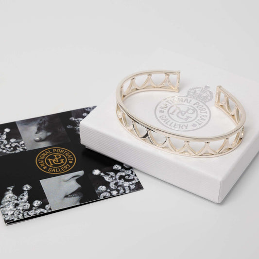 Close-up of the Crown Cuff Bracelet, highlighting the open crown silhouette and hallmark detail on the recycled sterling silver.