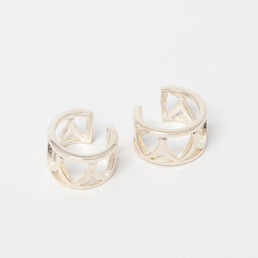 Sterling silver Jubilee Crown Ear Cuffs inspired by Queen Elizabeth II’s tiara, featuring delicate modern swag design.