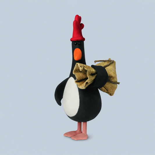 feathers McGraw figure is it a chicken or Penguins with a red comb, orange beak, black body, white belly, pink legs, and a tan sack over one leg, standing against a light blue-gray background.