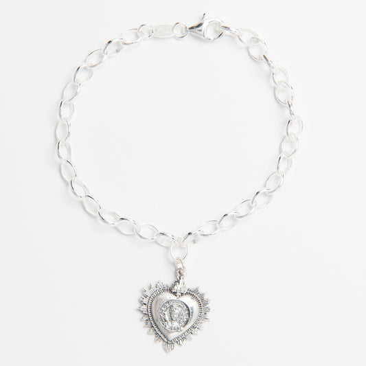 Sterling silver Frida Kahlo Viva La Vida Heart Charm Bracelet, handcrafted with intricate details.