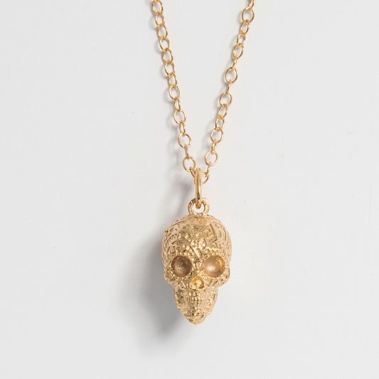 Handcrafted Frida Kahlo Aztec Skull Necklace and Earrings Set in 18ct gold vermeil. Bold designs blending Mexican heritage with a contemporary twist.