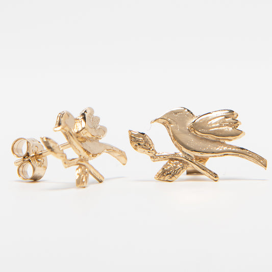 Frida Kahlo Bird Stud Earrings in 18ct Gold Vermeil, inspired by her Casa Azul garden. Handmade and ideal for gifting