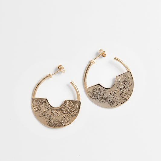 Frida Kahlo Marigold Creole Hoop Earrings in 18ct Gold Vermeil, featuring etched marigold flowers. Handmade statement jewellery.