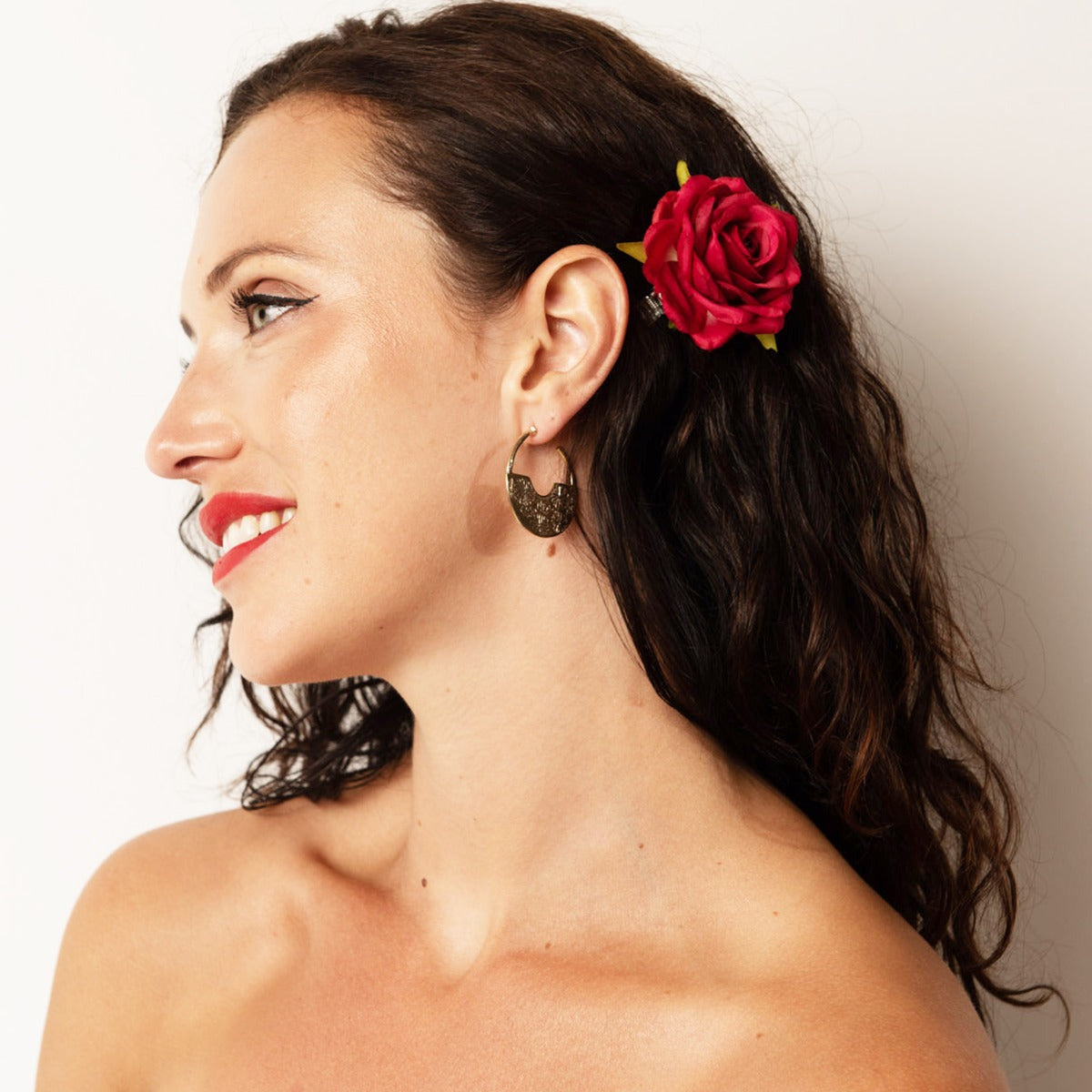 Frida Kahlo Marigold Earrings in gold vermeil, with intricate floral etching. Bohemian statement jewellery for pierced ears.