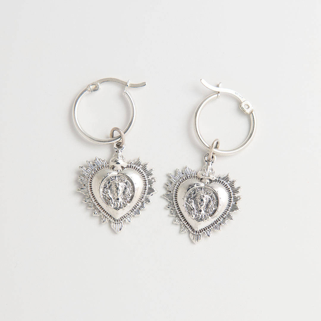 Sterling silver Frida Kahlo Viva La Vida Heart Drop Earrings with floral and bird motifs