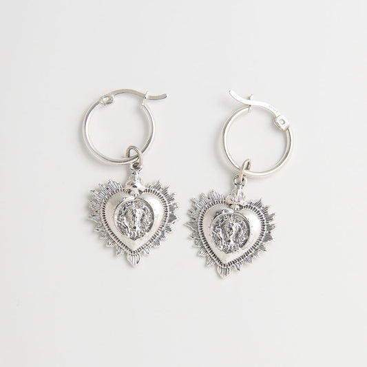 Sterling silver Frida Kahlo Viva La Vida Heart Drop Earrings with floral and bird motifs