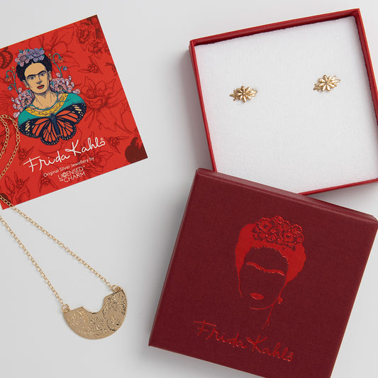 Frida Kahlo Marigold Necklace & Earrings Gift Set in 18ct Gold Vermeil, featuring intricate floral engravings, presented in a bold Frida Kahlo gift box.