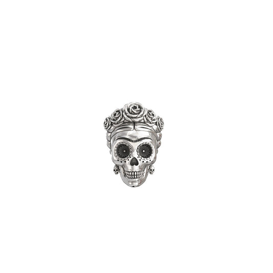 Sterling silver Frida Kahlo Sugar Skull Charm with floral crown detailing inspired by Día de los Muertos traditions.