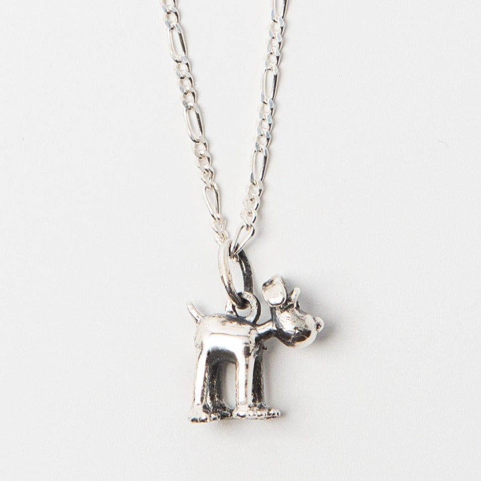 Standing Gromit Necklace in sterling silver on 45cm rolo chain – handmade Aardman jewellery.