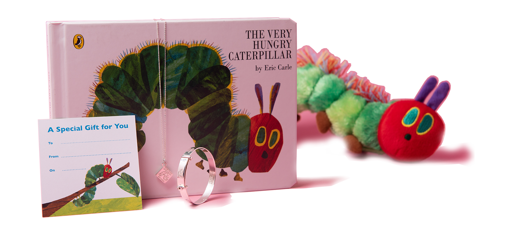 The Very Hungry Caterpillar baby bangle and miniature book charm necklace styled with the original Eric Carle book – a thoughtful keepsake gift for little ones
