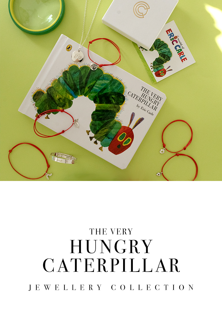 The Very Hungry Caterpillar jewellery collection – handcrafted sterling silver pieces including necklaces, bracelets, and charms inspired by Eric Carle’s beloved book.”
